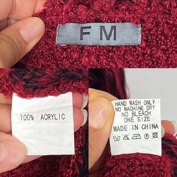 FM Red Knitted Poncho Size One Size Zip Front Hooded With Tassels, Boho, Gypsy - Picture 9 of 9